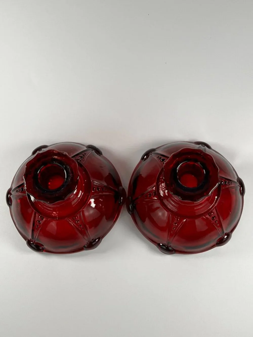 Pair Of Vintage Anchor Hocking Royal Ruby Oyster & Pearl Candle Holders